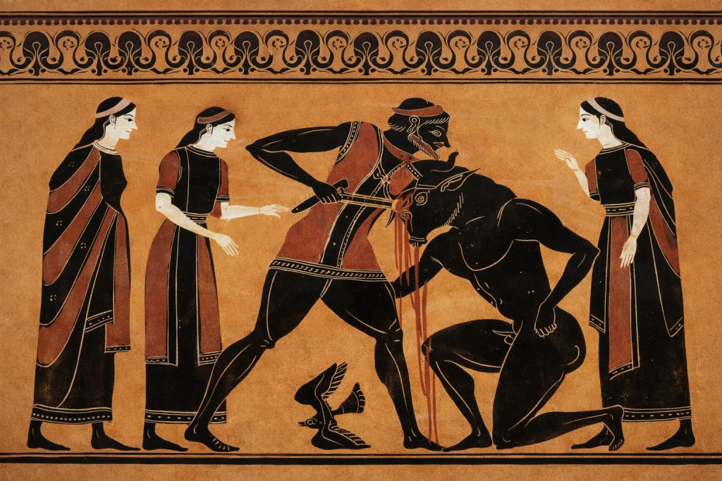 Minotaurus auf einer schwarzfigurigen Vase