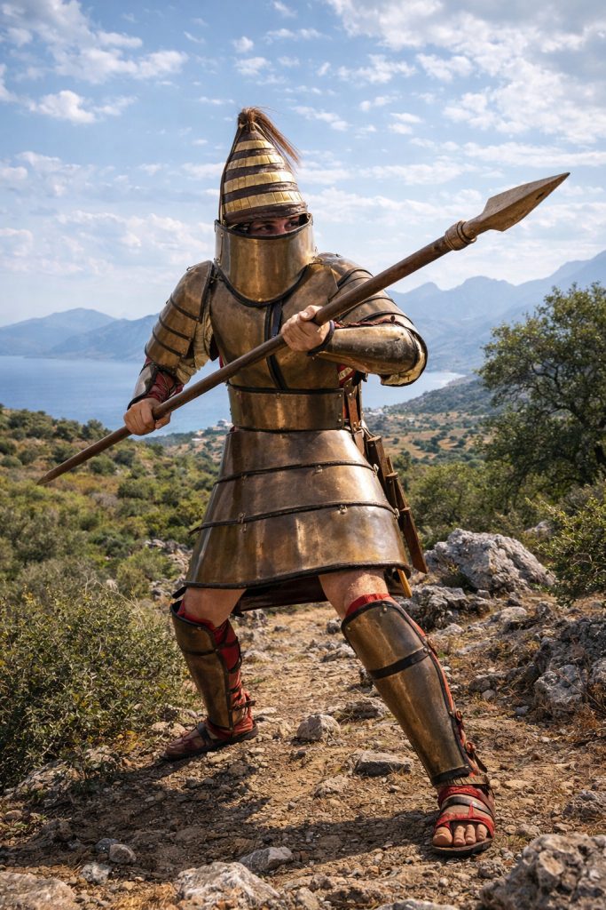 Mykenischer Krieger, frei interpretiert nach der  Rüstung von Dendra, um 1400 v. Chr.