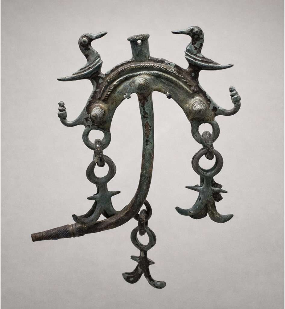 Achsnagel eines Wagens, Luxemburg, Altfund, dat. 900–800 v. Chr.
Die in die Radkappen eingefügten Splinte, verziert mit Vogelmotiven, erinnern an die „Sonnenbarke“, ein zentrales Motiv zeitgenössischer nordalpiner Metallproduktionen.