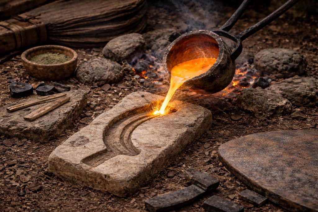 Guss einer bronzezeitlichen Sichel im Herdguss