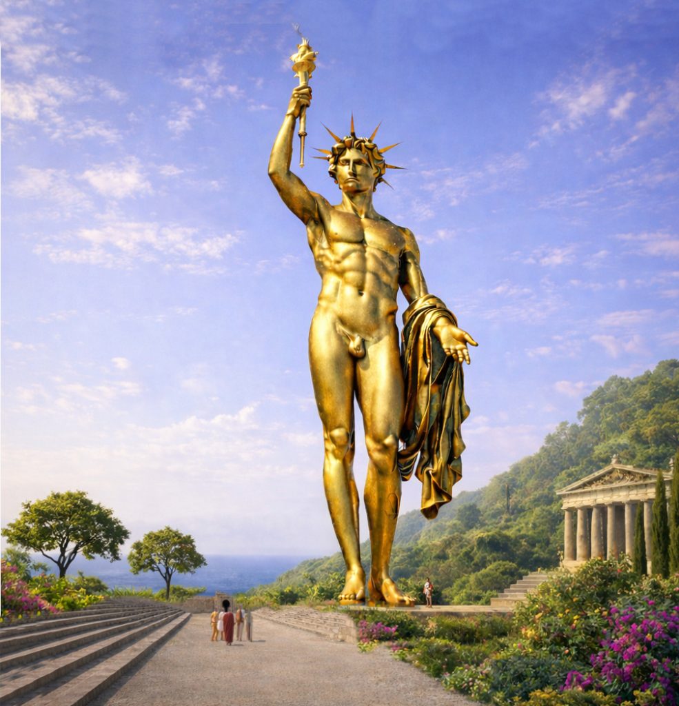 Der Koloss von Rhodos nach aktueller Forschung am Helios-Tempel neben dem Stadion auf der Akropolis von Rhodos