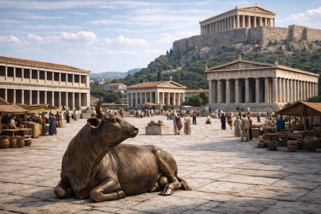 KI-Rekonstruktion der Kuh des Myron auf der Agora von Athen