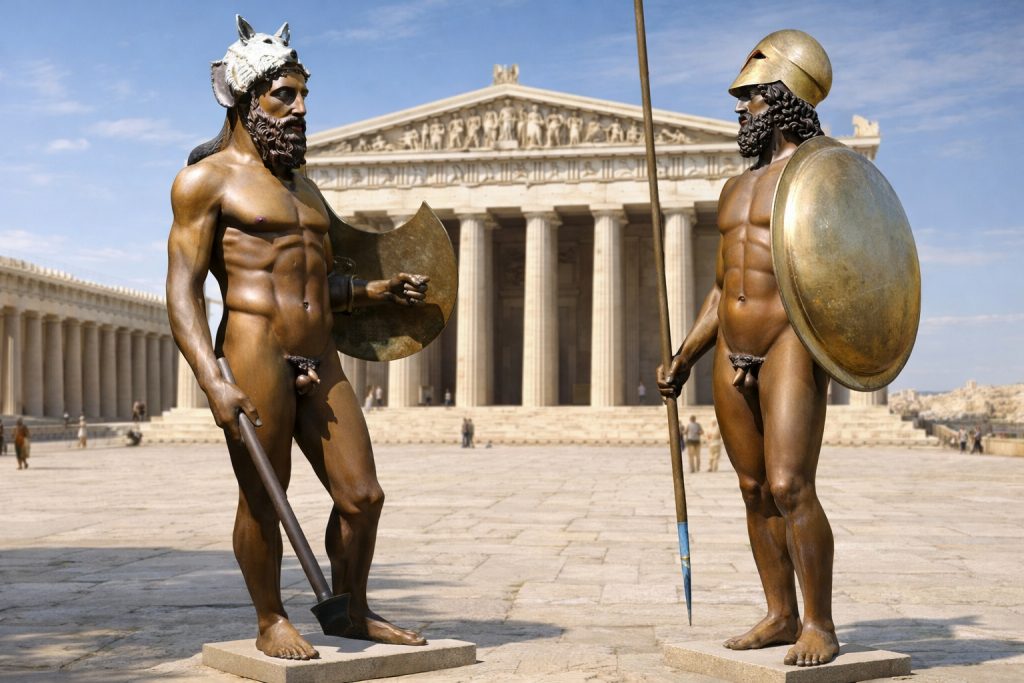 Ein möglicher Standort der Riace-Bronzen war die Athener Akropolis. KI Rekonstruktion.